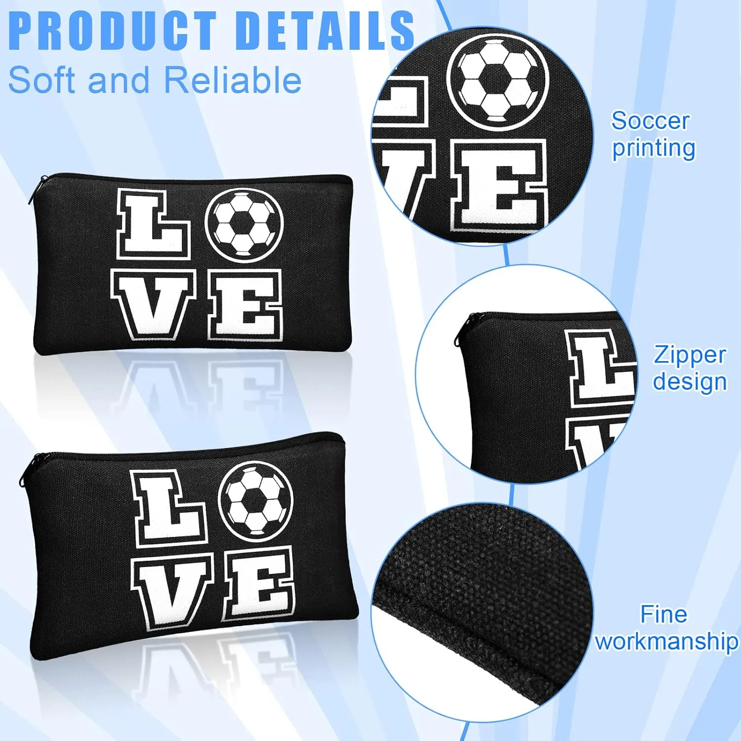 12 Pieces Soccer Makeup Bag Cosmetic Bag with Words Soccer Travel Storage Bags Portable Storage Case Toiletry Bag Accessories with Zippers for Soccer Players Teams Women Girls (Black Soccer Style)