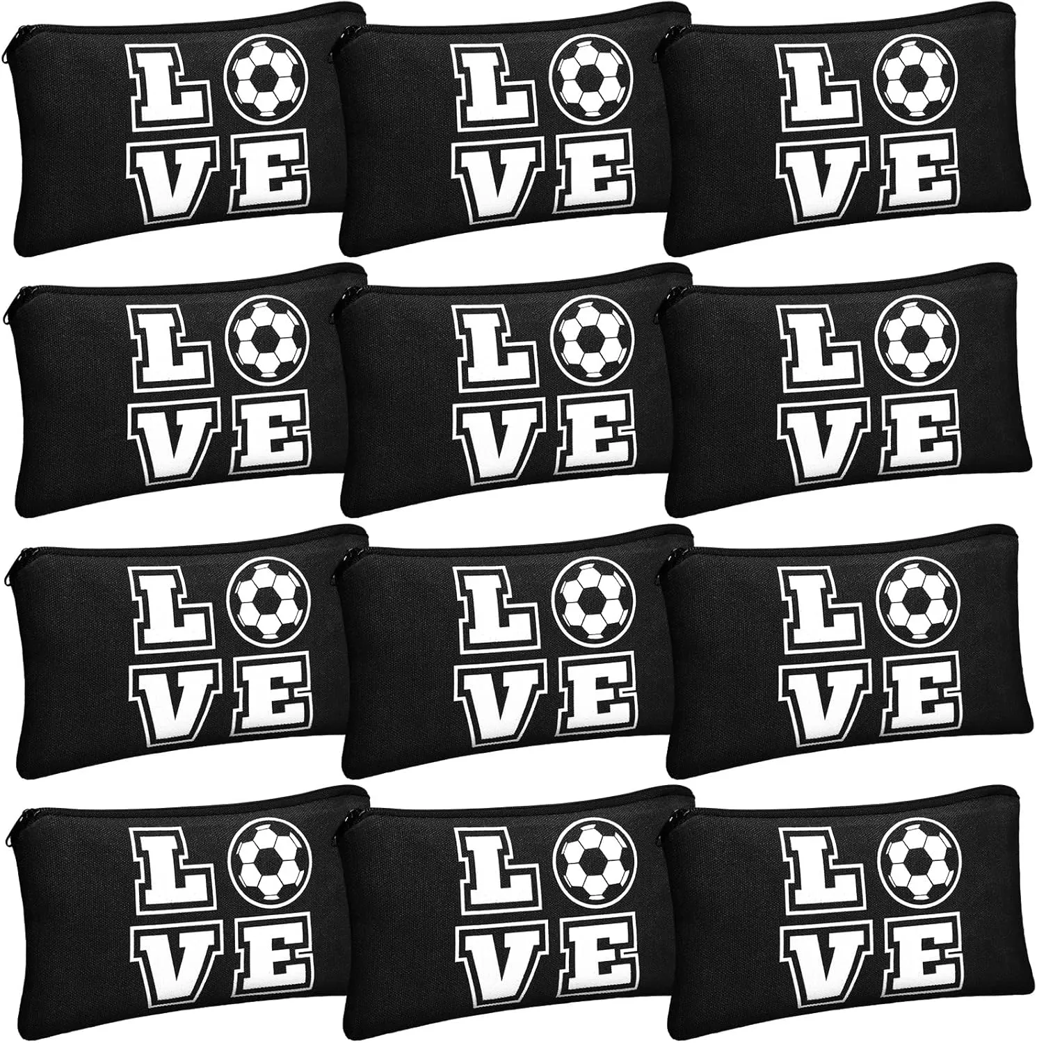 12 Pieces Soccer Makeup Bag Cosmetic Bag with Words Soccer Travel Storage Bags Portable Storage Case Toiletry Bag Accessories with Zippers for Soccer Players Teams Women Girls (Black Soccer Style)