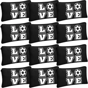 12 Pieces Soccer Makeup Bag Cosmetic Bag with Words Soccer Travel Storage Bags Portable Storage Case Toiletry Bag Accessories with Zippers for Soccer Players Teams Women Girls (Black Soccer Style)