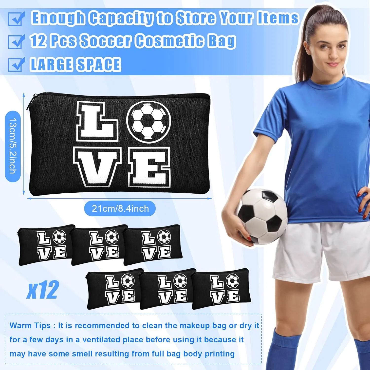 12 Pieces Soccer Makeup Bag Cosmetic Bag with Words Soccer Travel Storage Bags Portable Storage Case Toiletry Bag Accessories with Zippers for Soccer Players Teams Women Girls (Black Soccer Style)