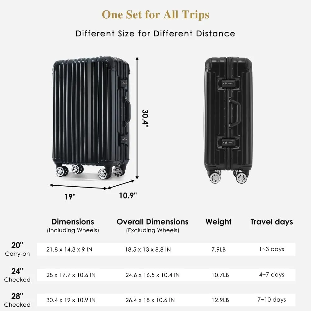 1pc 20in Aluminum Frame Luggage with USB port, Vacation Carry-On Suitcase with Spinner Wheels and TSA Lock, (Black   ABS PC-1)