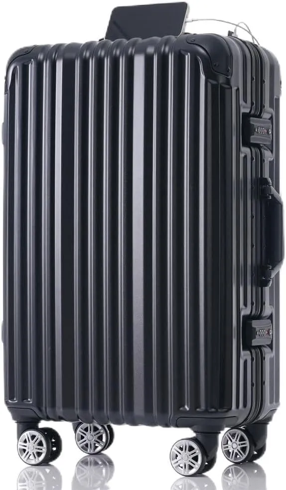 1pc 20in Aluminum Frame Luggage with USB port, Vacation Carry-On Suitcase with Spinner Wheels and TSA Lock, (Black   ABS PC-1)