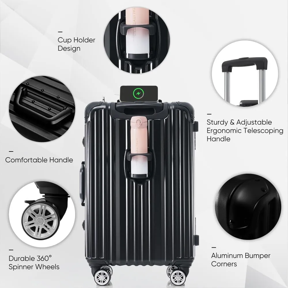 1pc 20in Aluminum Frame Luggage with USB port, Vacation Carry-On Suitcase with Spinner Wheels and TSA Lock, (Black   ABS PC-1)