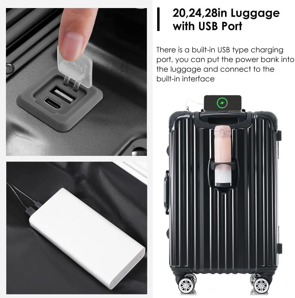 1pc 20in Aluminum Frame Luggage with USB port, Vacation Carry-On Suitcase with Spinner Wheels and TSA Lock, (Black   ABS PC-1)