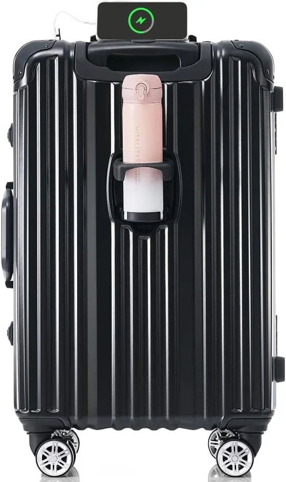 1pc 20in Aluminum Frame Luggage with USB port, Vacation Carry-On Suitcase with Spinner Wheels and TSA Lock, (Black   ABS PC-1)