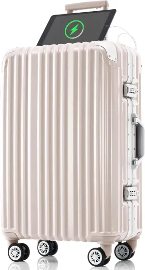 1pc 24in Aluminum Frame Luggage with USB port, Vacation Carry-On Suitcase with Spinner Wheels and TSA Lock, Travel Trolley Case For Short Business Trips, Beach Holidays, pink