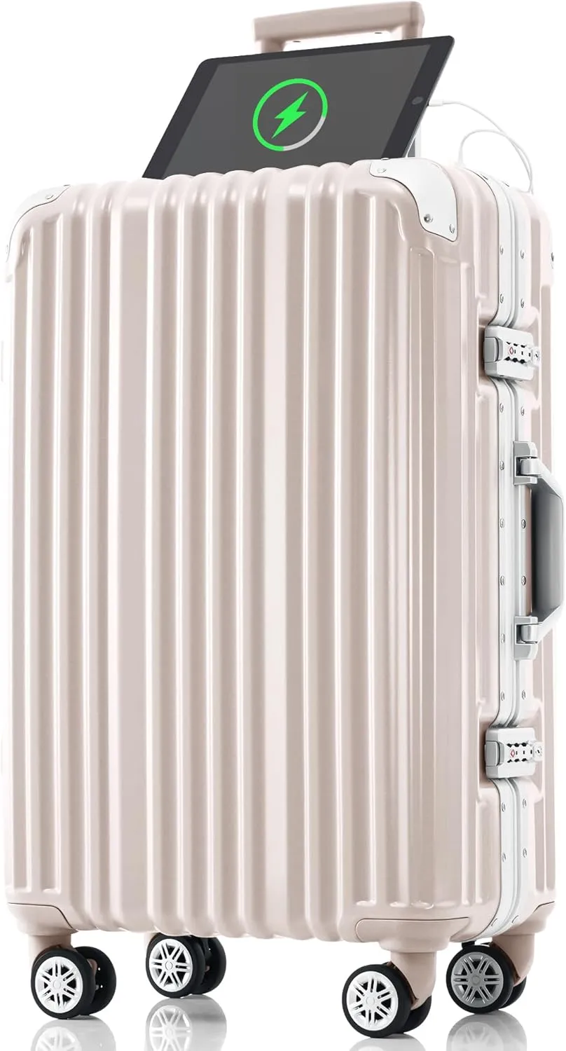 1pc 24in Aluminum Frame Luggage with USB port, Vacation Carry-On Suitcase with Spinner Wheels and TSA Lock, Travel Trolley Case For Short Business Trips, Beach Holidays, pink