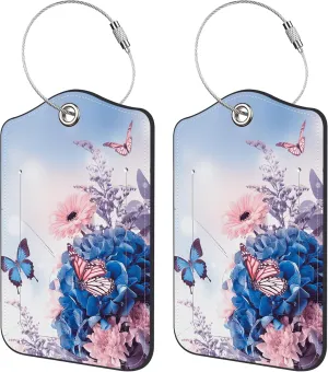2 Pack PU Leather Luggage Tag for Suitcase Blue Hydrangeas Butterfly Suitcase Tags with Privacy Name ID Label and Stainless Steel Loop for Travel Bag