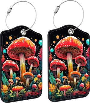 2 Pack PU Leather Luggage Tag for Suitcase Red Mushroom Suitcase Tags with Privacy Name ID Label and Stainless Steel Loop for Travel Bag