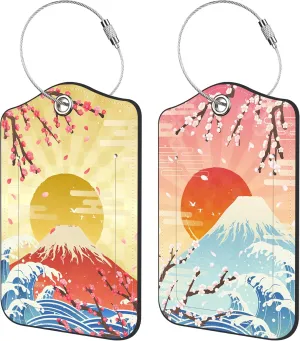 2 Pack PU Luggage Tags for Suitcase, Waves Mount Fuji Sunrise Suitcase Tag Leather Privacy Cover ID Label with Stainless Steel Loop for Baggage Handbag School Bag Backpack