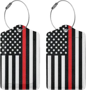 2 Pcs Firefighter Flag Luggage Tag for Suitcase, Thin Red Line Tag, Steel Loop with Privacy Cover ID Label, Gifts for Women Men Boy Girl Baggage Bag