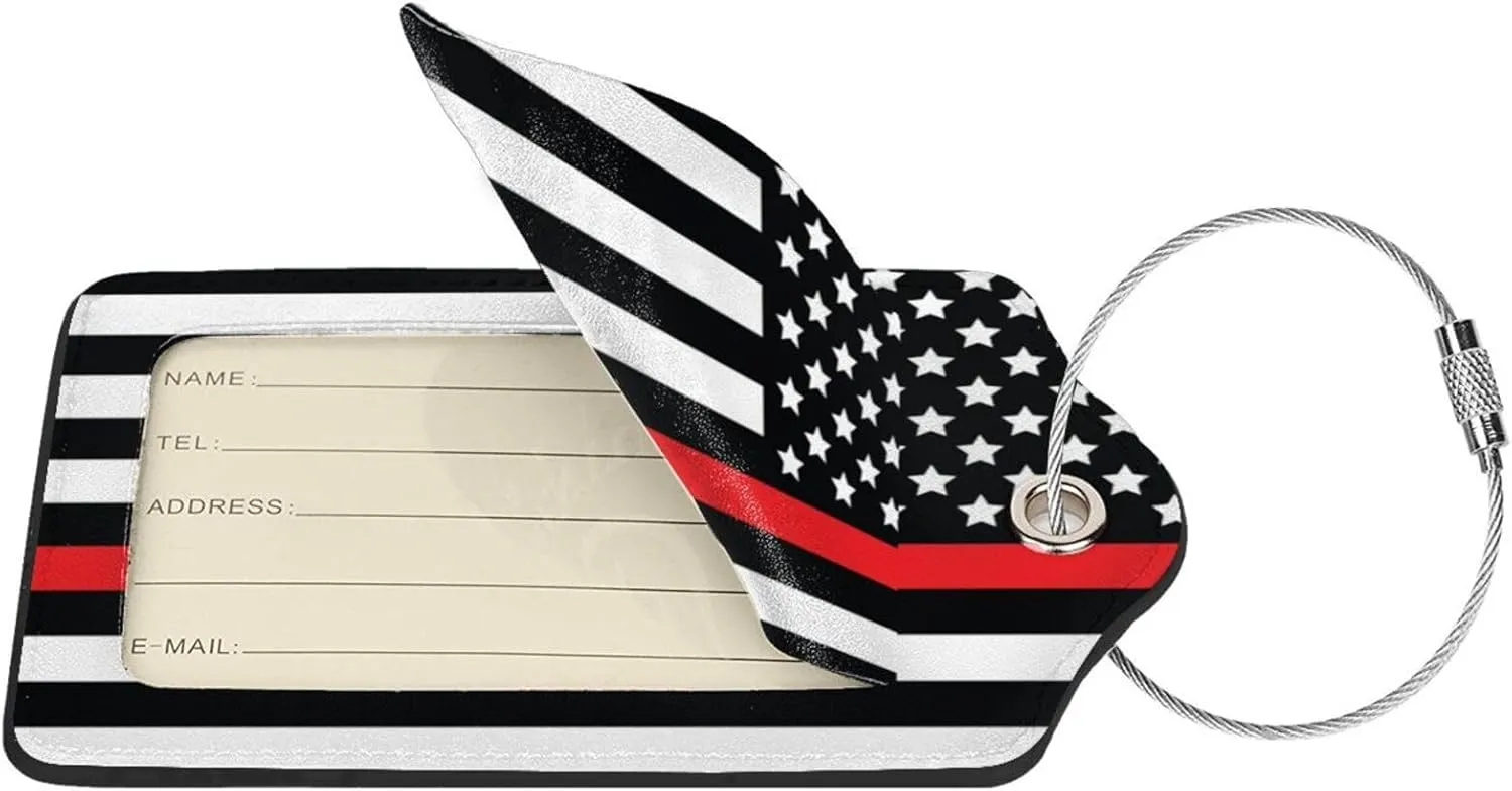 2 Pcs Firefighter Flag Luggage Tag for Suitcase, Thin Red Line Tag, Steel Loop with Privacy Cover ID Label, Gifts for Women Men Boy Girl Baggage Bag