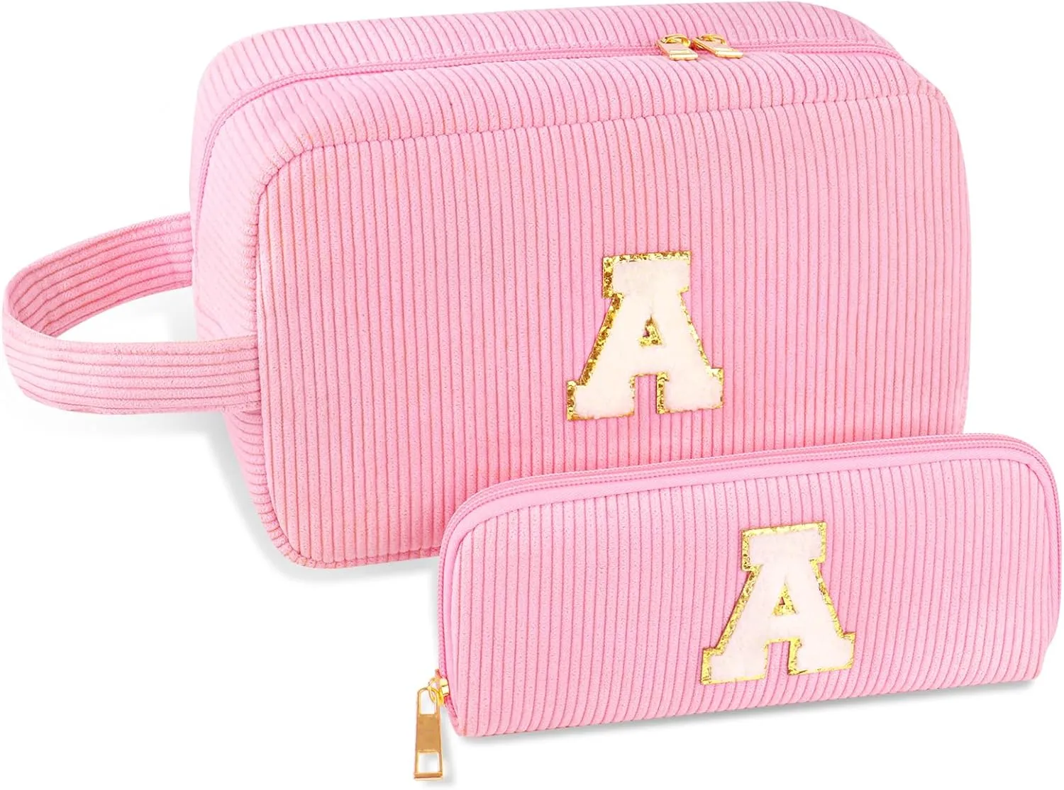2 PCS Initial Makeup Bag,Personalized Preppy Bag,Pink Cosmetic Makeup Bag Travel Toiletry Pouch for Her Mom Girlfriend Wife Teacher Teens Girls Gifts(Letter A)