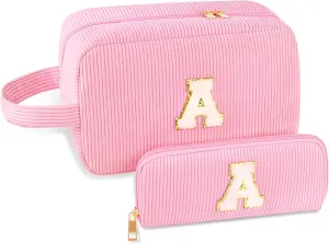 2 PCS Initial Makeup Bag,Personalized Preppy Bag,Pink Cosmetic Makeup Bag Travel Toiletry Pouch for Her Mom Girlfriend Wife Teacher Teens Girls Gifts(Letter A)