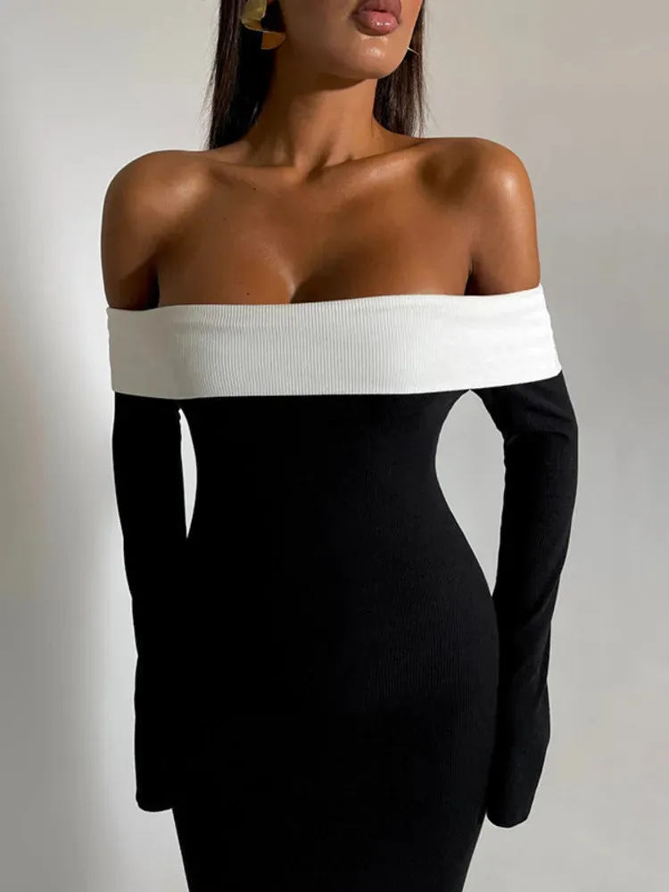 2024 Contrast Color Off-shoulder Backless Maxi Dress