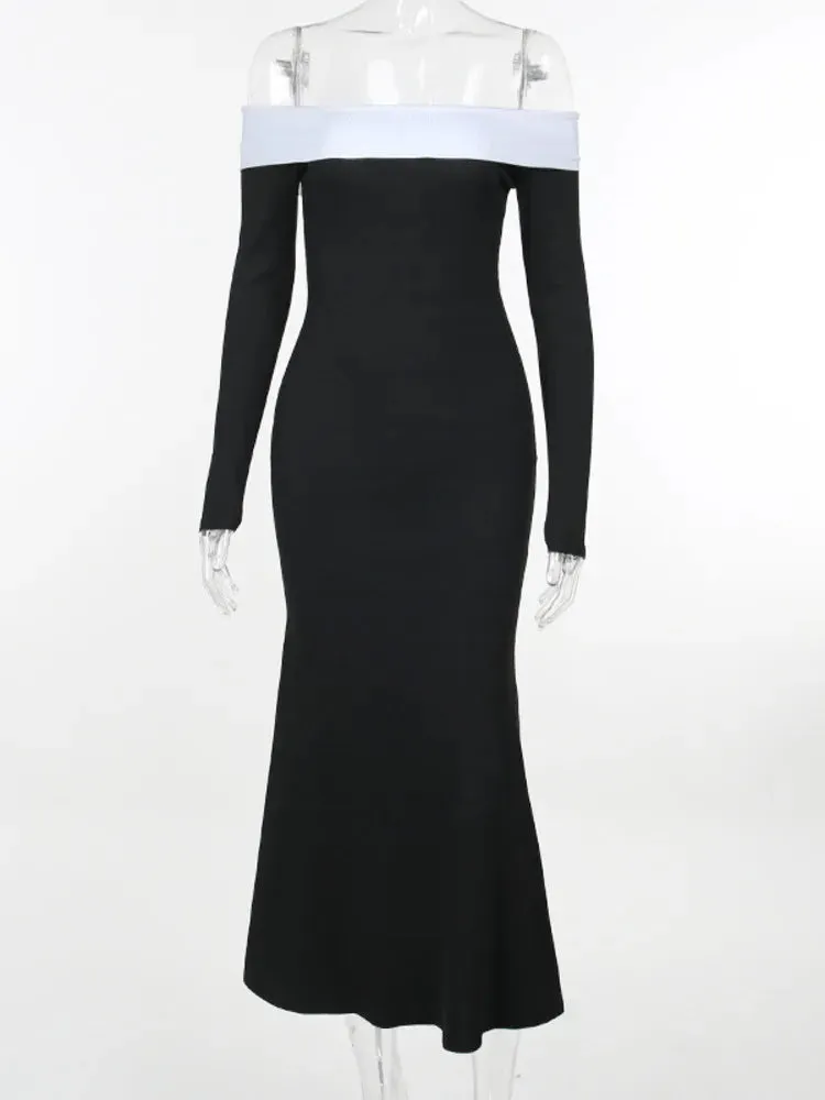 2024 Contrast Color Off-shoulder Backless Maxi Dress