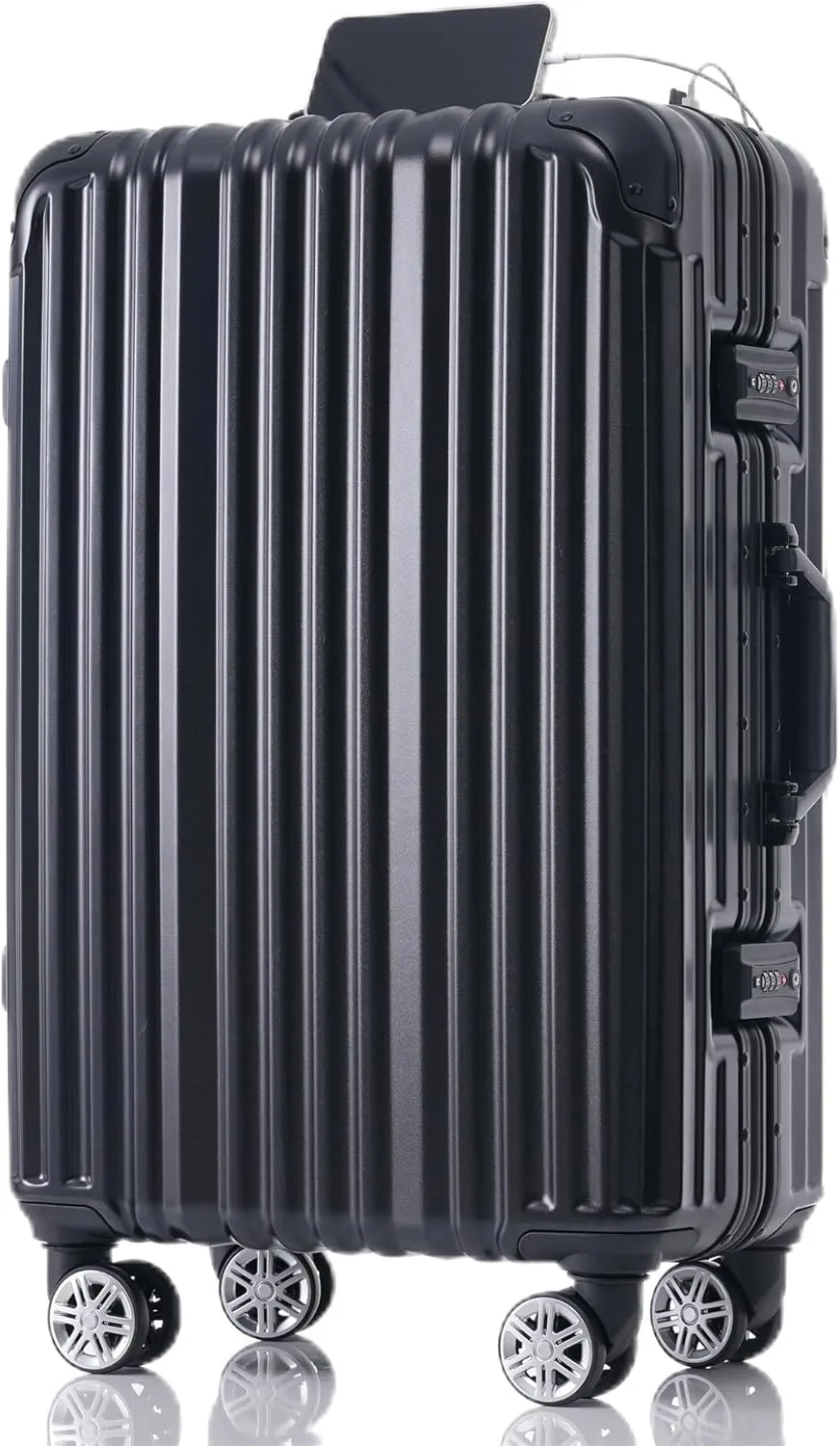 24in Aluminum Frame Luggage with USB Port, Spinner Wheels Design, Carry-On Suitcase for Business Trips and Beach Holidays, Black