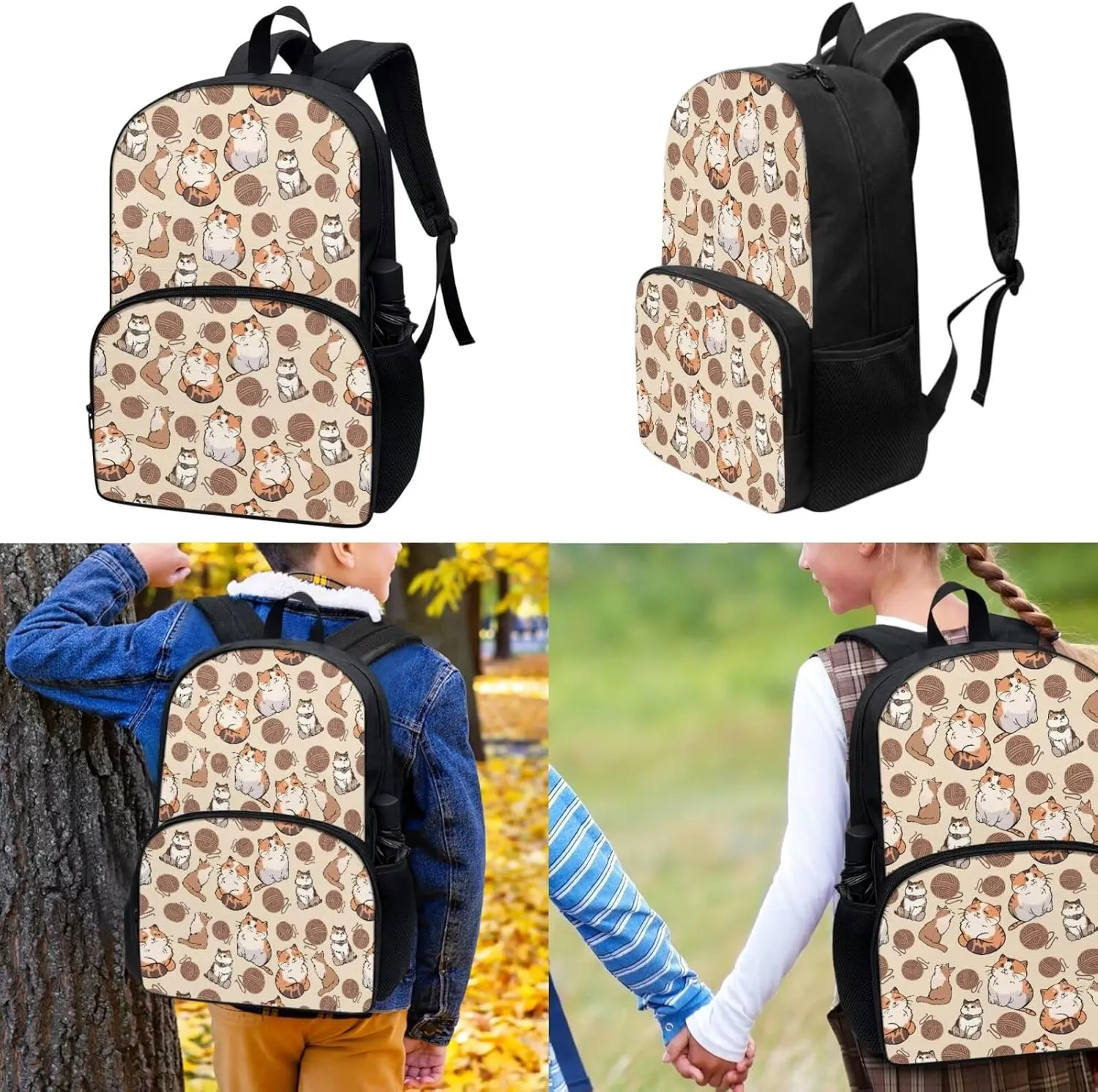 3 in 1 Girls Cat Backpack with Lunch Box Lightweight Backpack for School Cute Pen Case for Kids Children's Polyester School Bag Set