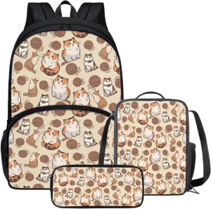 3 in 1 Girls Cat Backpack with Lunch Box Lightweight Backpack for School Cute Pen Case for Kids Children's Polyester School Bag Set