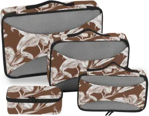 4 Pcs set travel organizers for Mesh Travel Essentials Lily Flowers Chocolate Brown lightweight packing cubes set