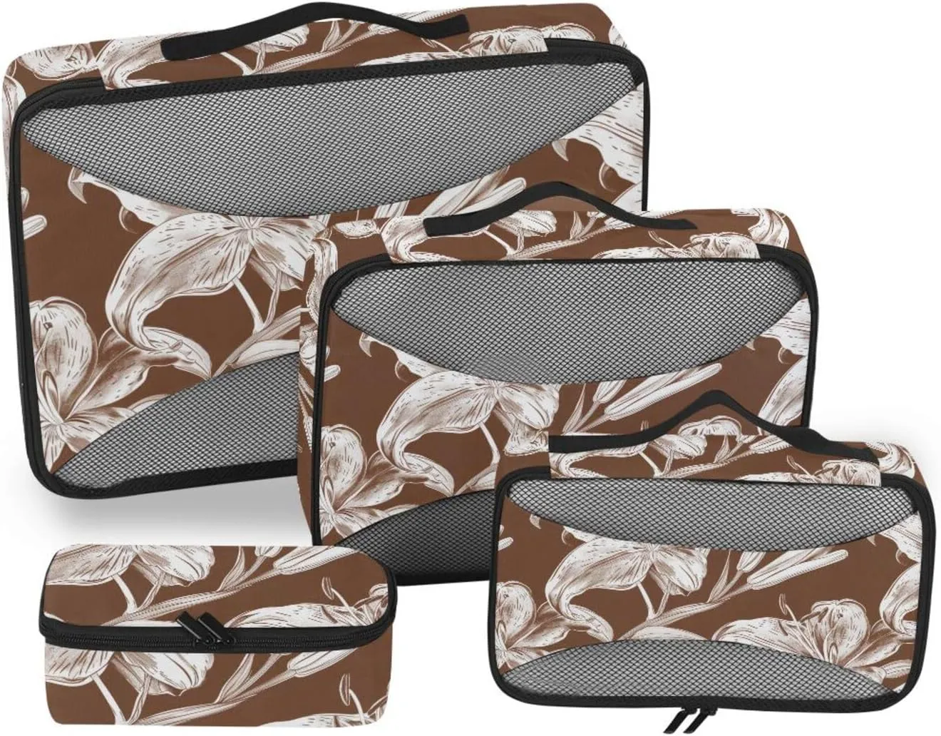 4 Pcs set travel organizers for Mesh Travel Essentials Lily Flowers Chocolate Brown lightweight packing cubes set