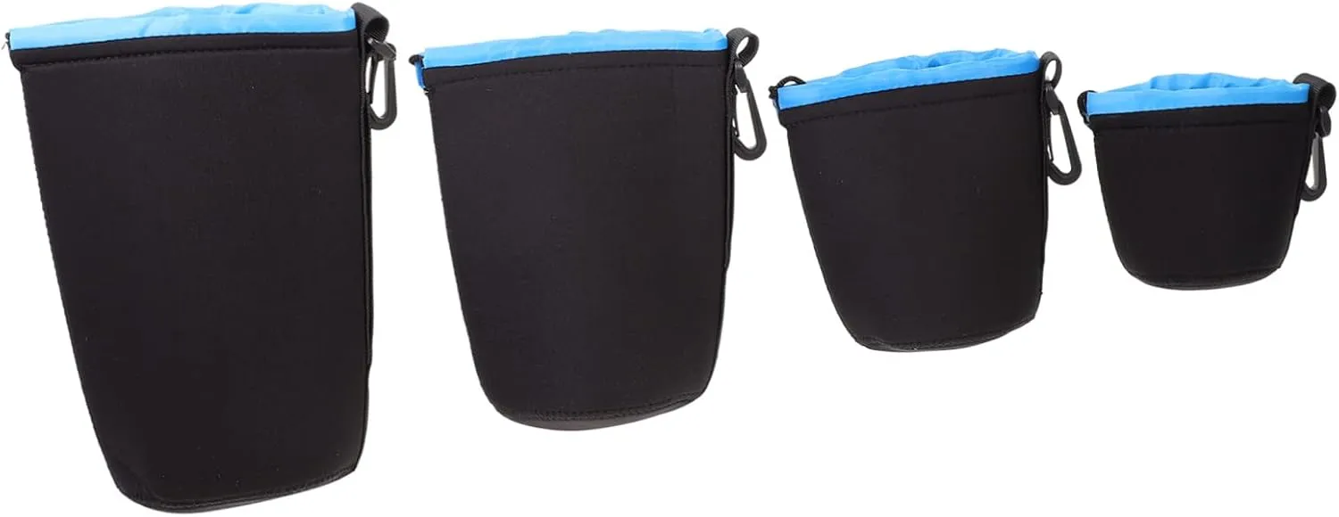 4Pcs Neoprene Lens Pouch Camera Lens Cases for DSLR Mirrorless Lenses Durable Storage Bags with Hooks for Outdoor Photography