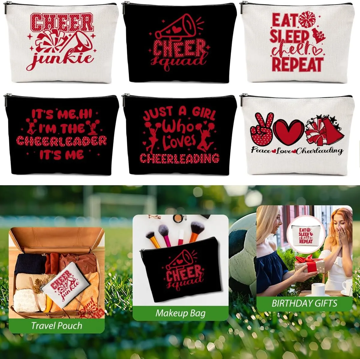 6 PCs Cheer Makeup Bag, Cheer Gifts, Cheerleader Gifts for Girls, Cheer Team Gifts Cheer Stuff Cosmetic Bag, Cheerleading Gifts for Women Girls Teammates Birthday Gifts, Red and Black