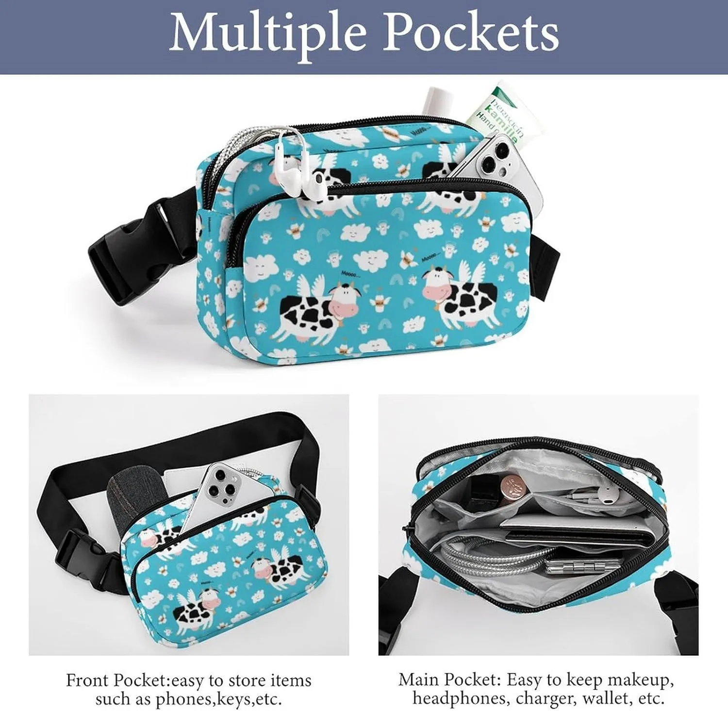 Adorable Flying Cow Fanny Pack Belt Bag with Adjustable Strap Animal Wings Waist Packs Small Pouch Crossbody Bags for Hiking Running Cycling Traveling