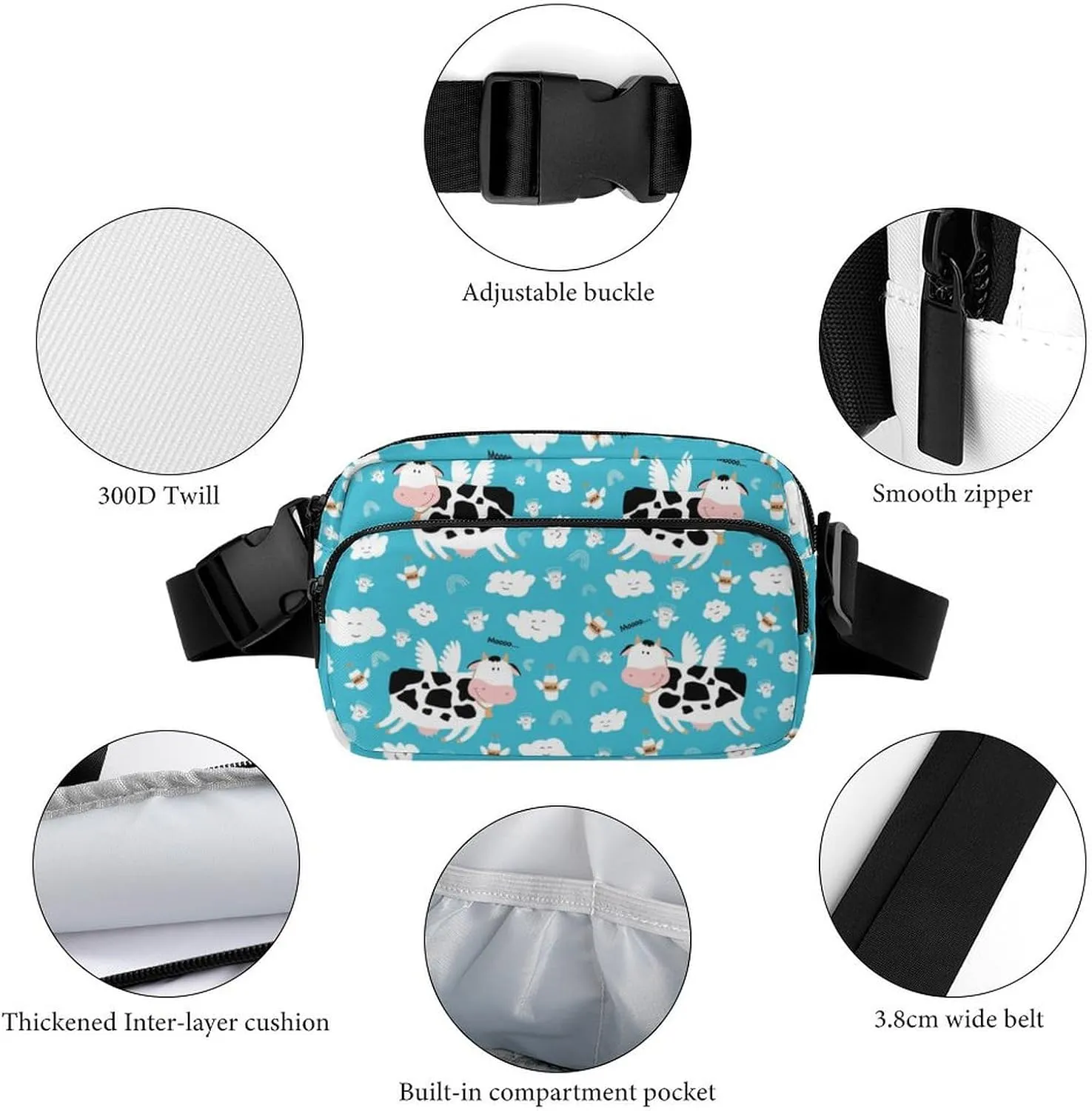 Adorable Flying Cow Fanny Pack Belt Bag with Adjustable Strap Animal Wings Waist Packs Small Pouch Crossbody Bags for Hiking Running Cycling Traveling
