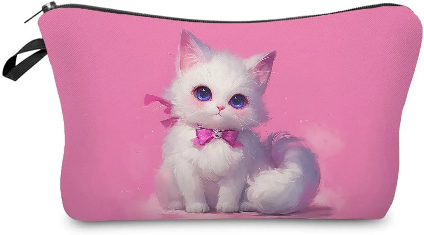 Adorable Kitten Makeup Bag Small Organizer Bag Toiletry Zipper Pouch Pink Background White Persian Cat Cosmetic Bag Present for Cat Lovers Cat Mom Women