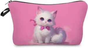 Adorable Kitten Makeup Bag Small Organizer Bag Toiletry Zipper Pouch Pink Background White Persian Cat Cosmetic Bag Present for Cat Lovers Cat Mom Women