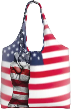 America Flag And Hippie Peace Print Canvas Tote Bags,Reusable Cloth Bags For Shopping Beach Grocery Trendy
