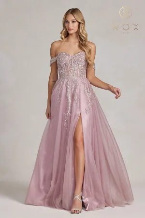 Applique Off Shoulder Gown by Nox Anabel E1128