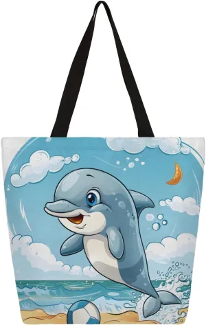 Beach Dolphin Football Large Capacity Canvas Tote Bag Stylish Handheld Shoulder Bag Reusable Shopping Bag for Work Travel Beach Trips Shopping