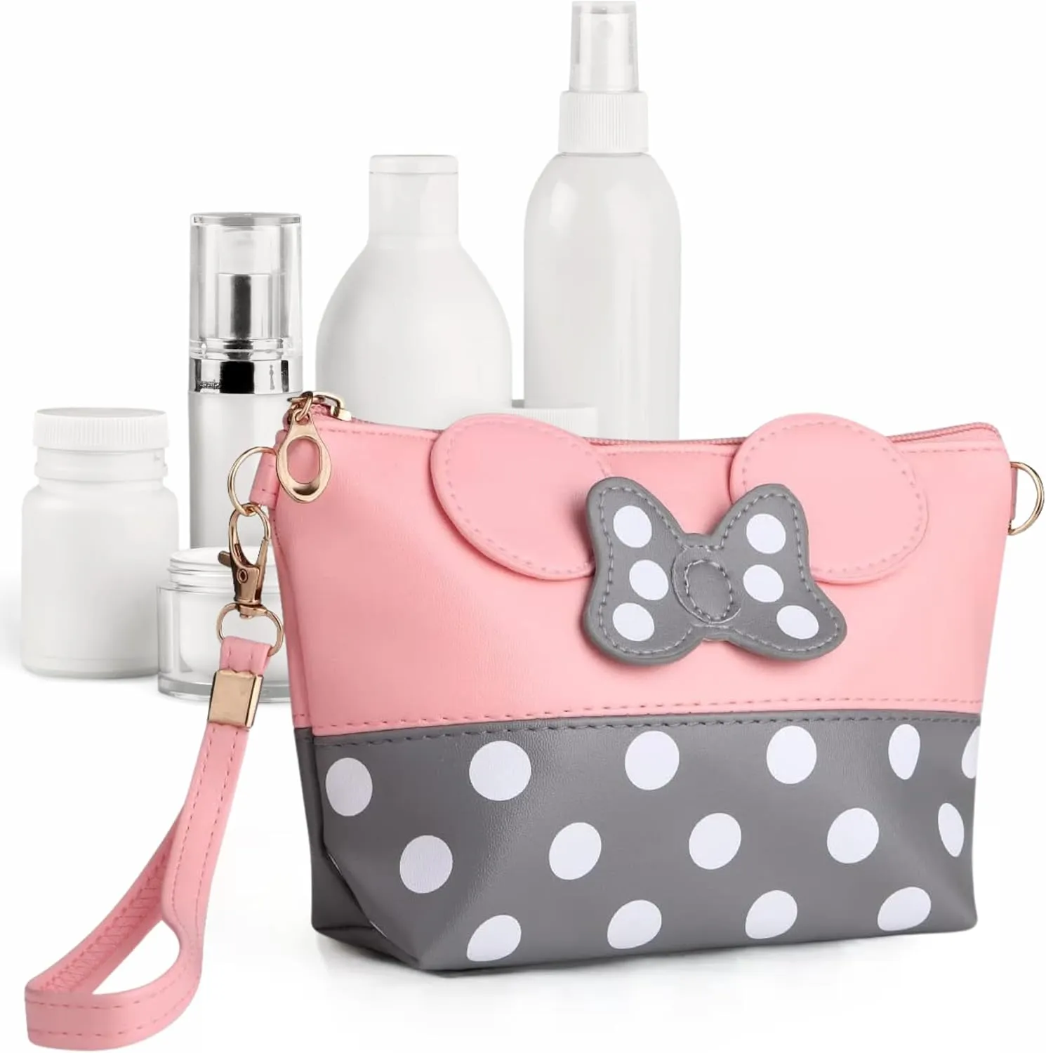 BELMAKS Pink Murine Makeup Bag Pink Cosmetic Bags White Polka Dots Toiletry Organizer Rose Cartoon Makeup Organizer for Teen Girls 5.1" x 5.9" Murine Zipper Cute Purse for Travel