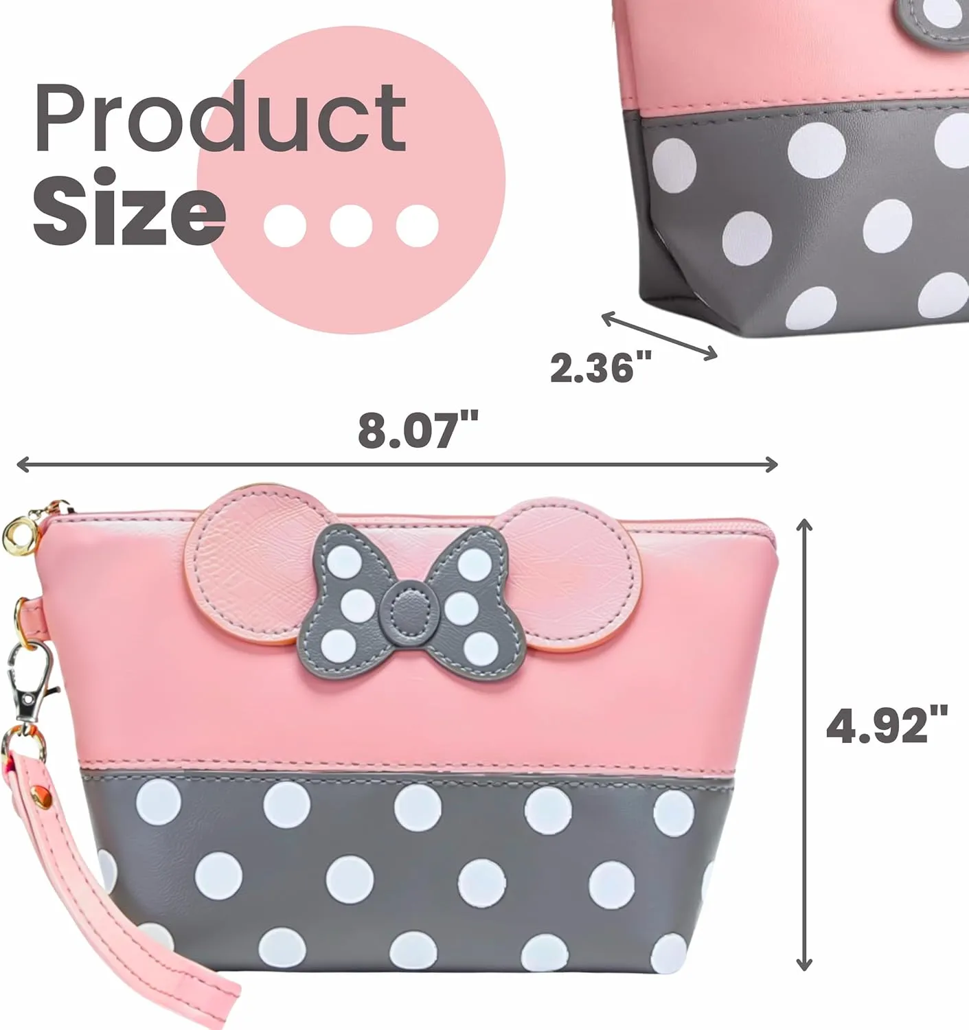 BELMAKS Pink Murine Makeup Bag Pink Cosmetic Bags White Polka Dots Toiletry Organizer Rose Cartoon Makeup Organizer for Teen Girls 5.1" x 5.9" Murine Zipper Cute Purse for Travel