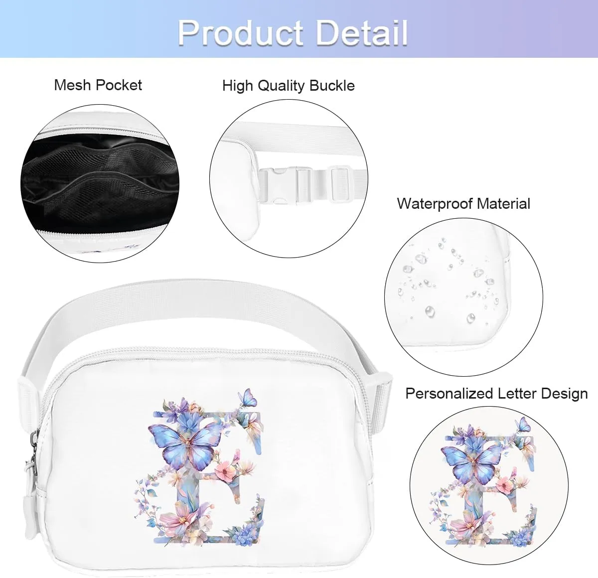 Belt Bag Initail Letter Travel Fanny Pack Cute Butterfly Crossbody Bags for Girls Fashion Waist Packs Letter A-T Outside Lightweight Waterproof Running Workout Hiking Travel Belt Bags,E