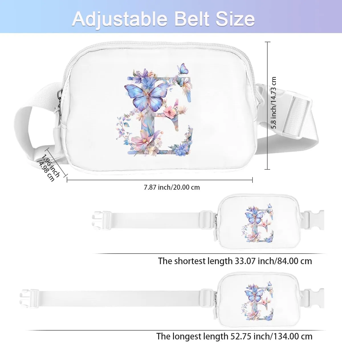 Belt Bag Initail Letter Travel Fanny Pack Cute Butterfly Crossbody Bags for Girls Fashion Waist Packs Letter A-T Outside Lightweight Waterproof Running Workout Hiking Travel Belt Bags,E