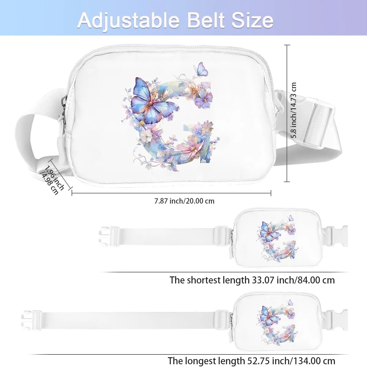 Belt Bag Initail Letter Travel Fanny Pack Cute Butterfly Crossbody Bags for Girls Fashion Waist Packs Letter A-T Outside Lightweight Waterproof Running Workout Hiking Travel Belt Bags,G