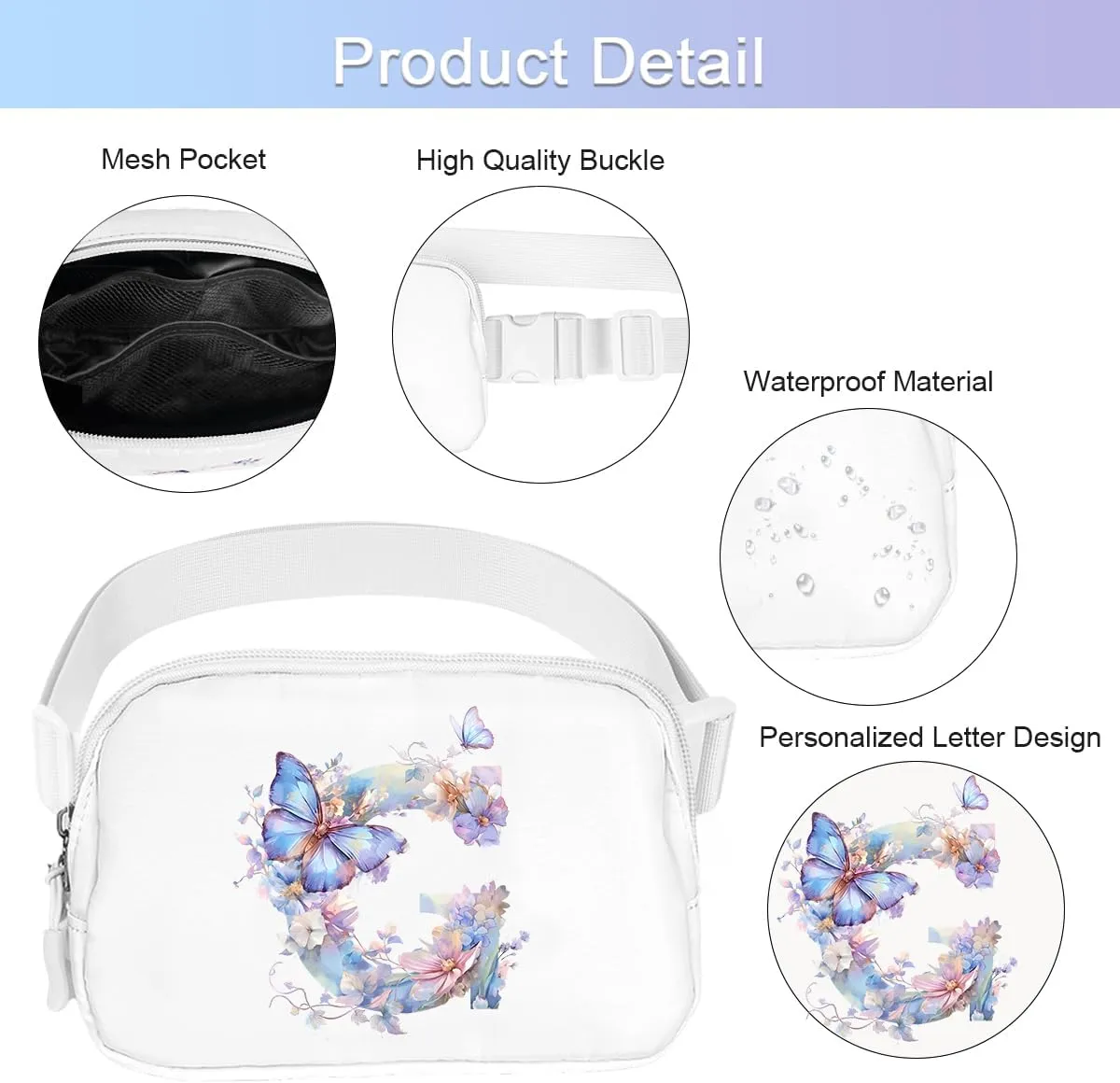 Belt Bag Initail Letter Travel Fanny Pack Cute Butterfly Crossbody Bags for Girls Fashion Waist Packs Letter A-T Outside Lightweight Waterproof Running Workout Hiking Travel Belt Bags,G