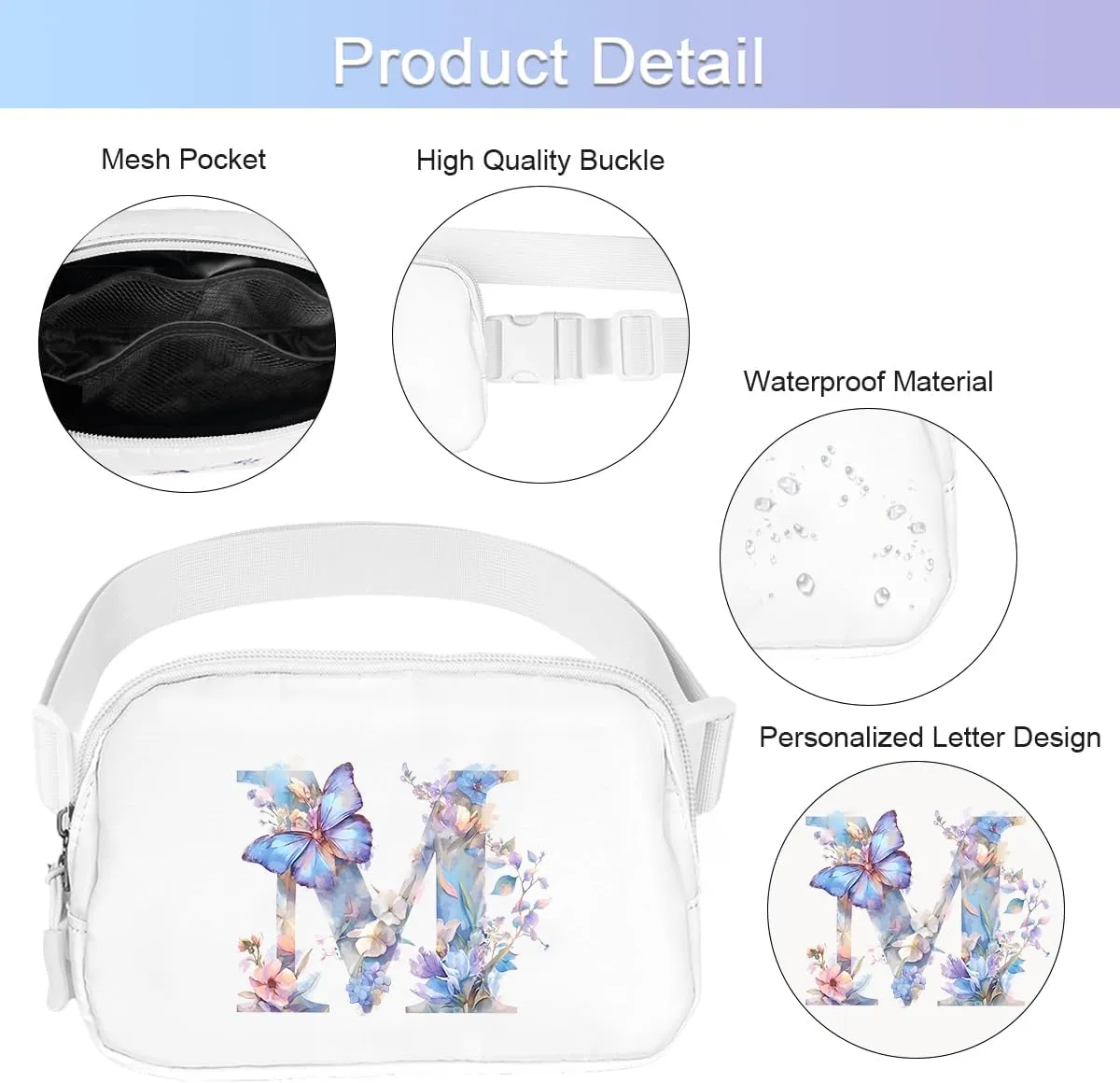 Belt Bag Initail Letter Travel Fanny Pack Cute Butterfly Crossbody Bags for Girls Fashion Waist Packs Letter A-T Outside Lightweight Waterproof Running Workout Hiking Travel Belt Bags,M