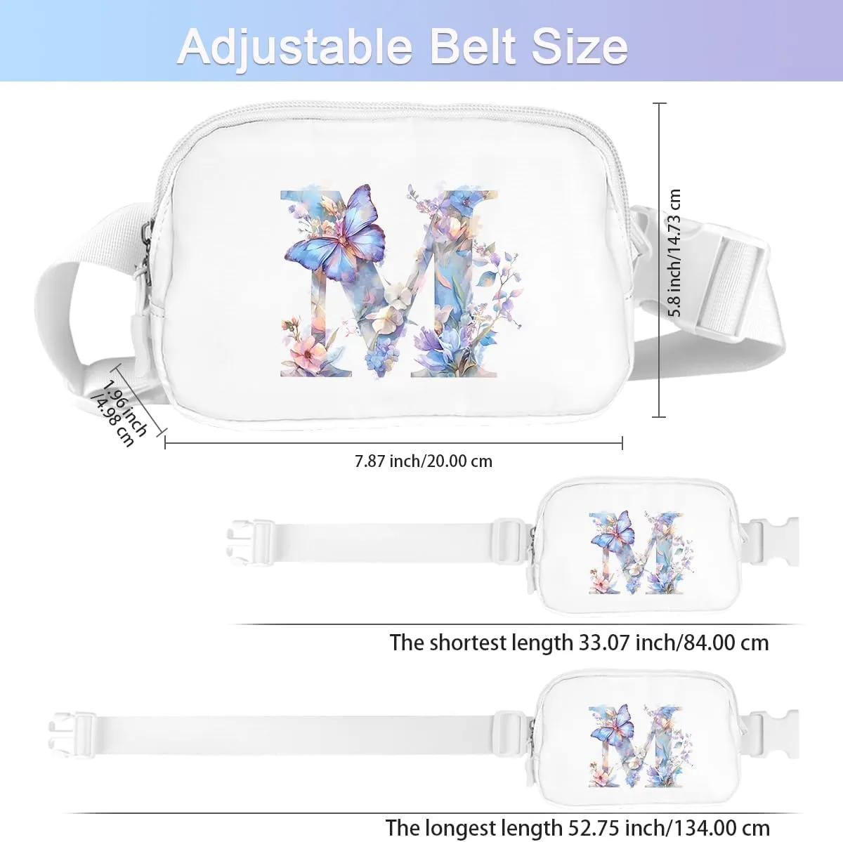 Belt Bag Initail Letter Travel Fanny Pack Cute Butterfly Crossbody Bags for Girls Fashion Waist Packs Letter A-T Outside Lightweight Waterproof Running Workout Hiking Travel Belt Bags,M