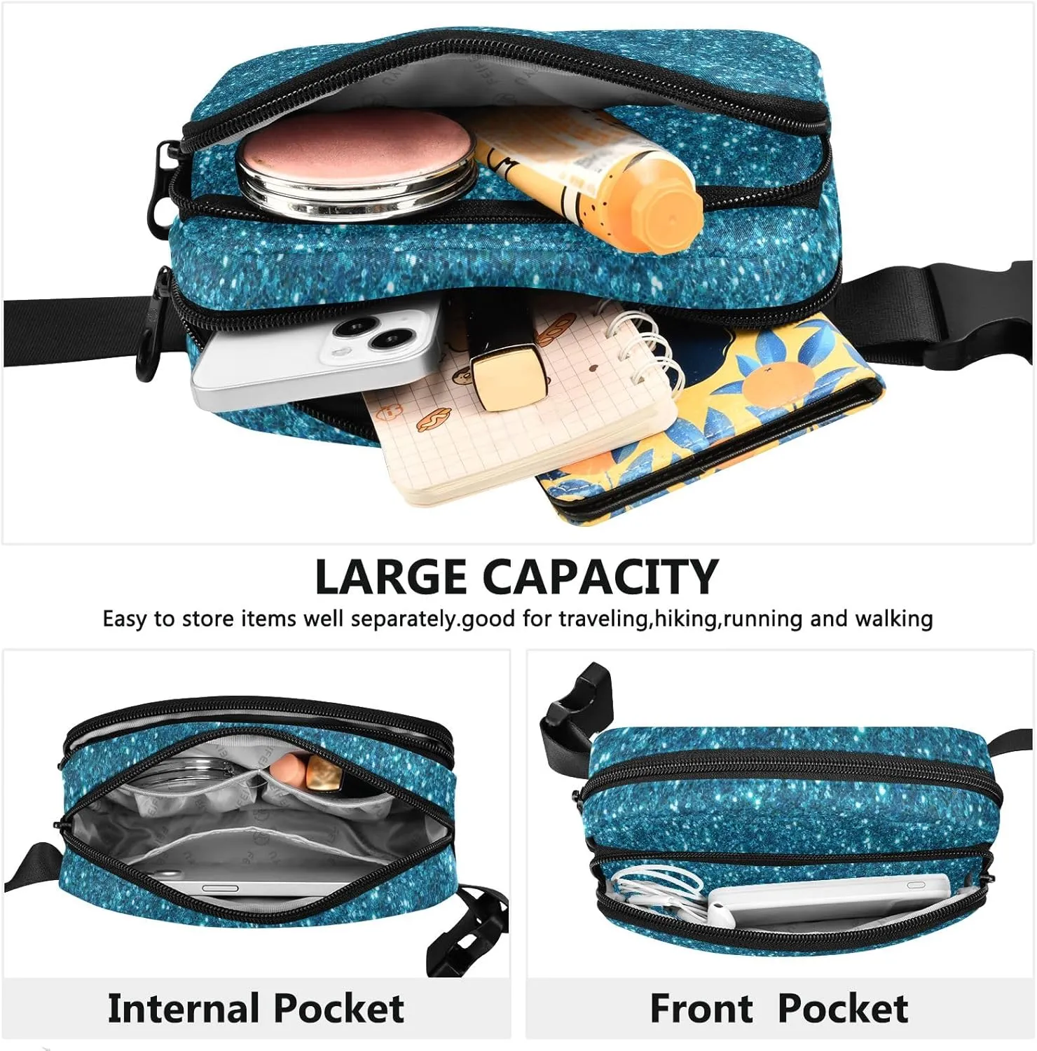 Belt Bags Turquoise Blue Glitter Lightweight Crossbody Bags with Adjustable Strap Belt Bag for Women Crossbody Long Strap