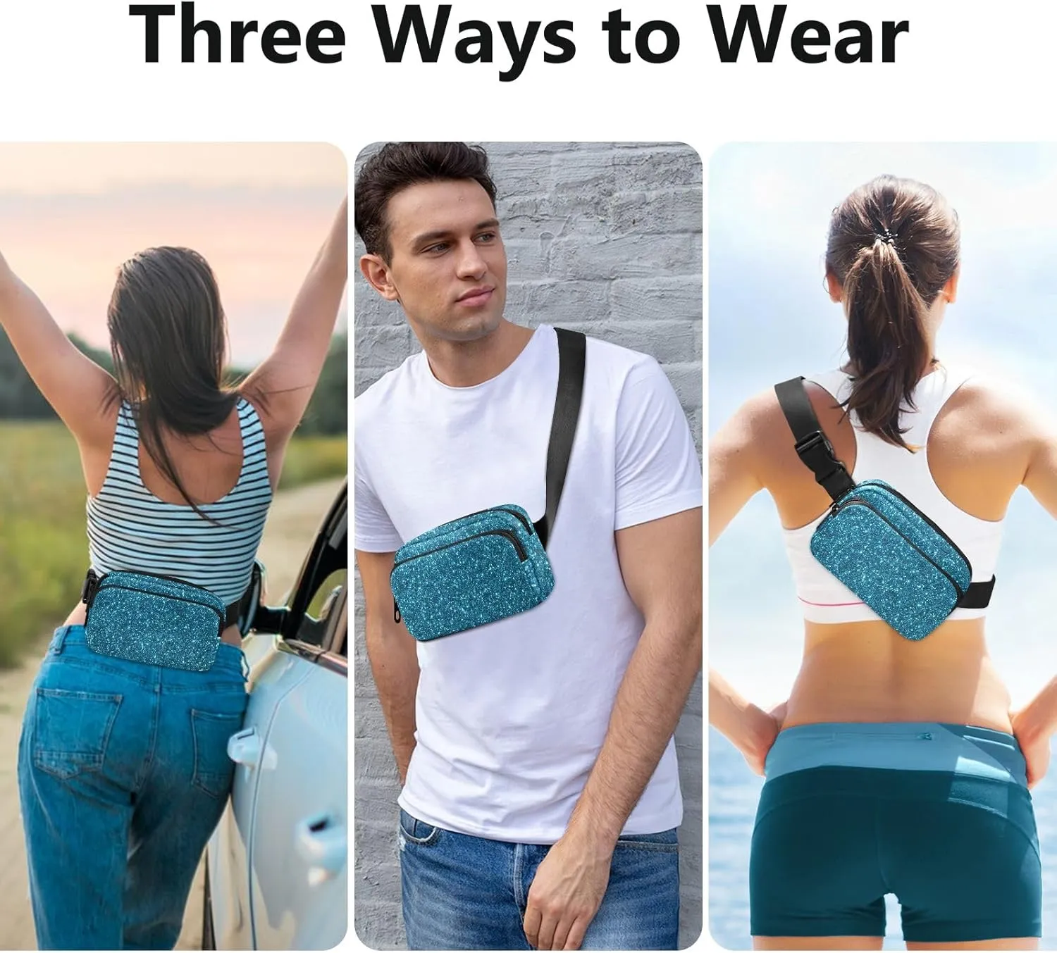 Belt Bags Turquoise Blue Glitter Lightweight Crossbody Bags with Adjustable Strap Belt Bag for Women Crossbody Long Strap