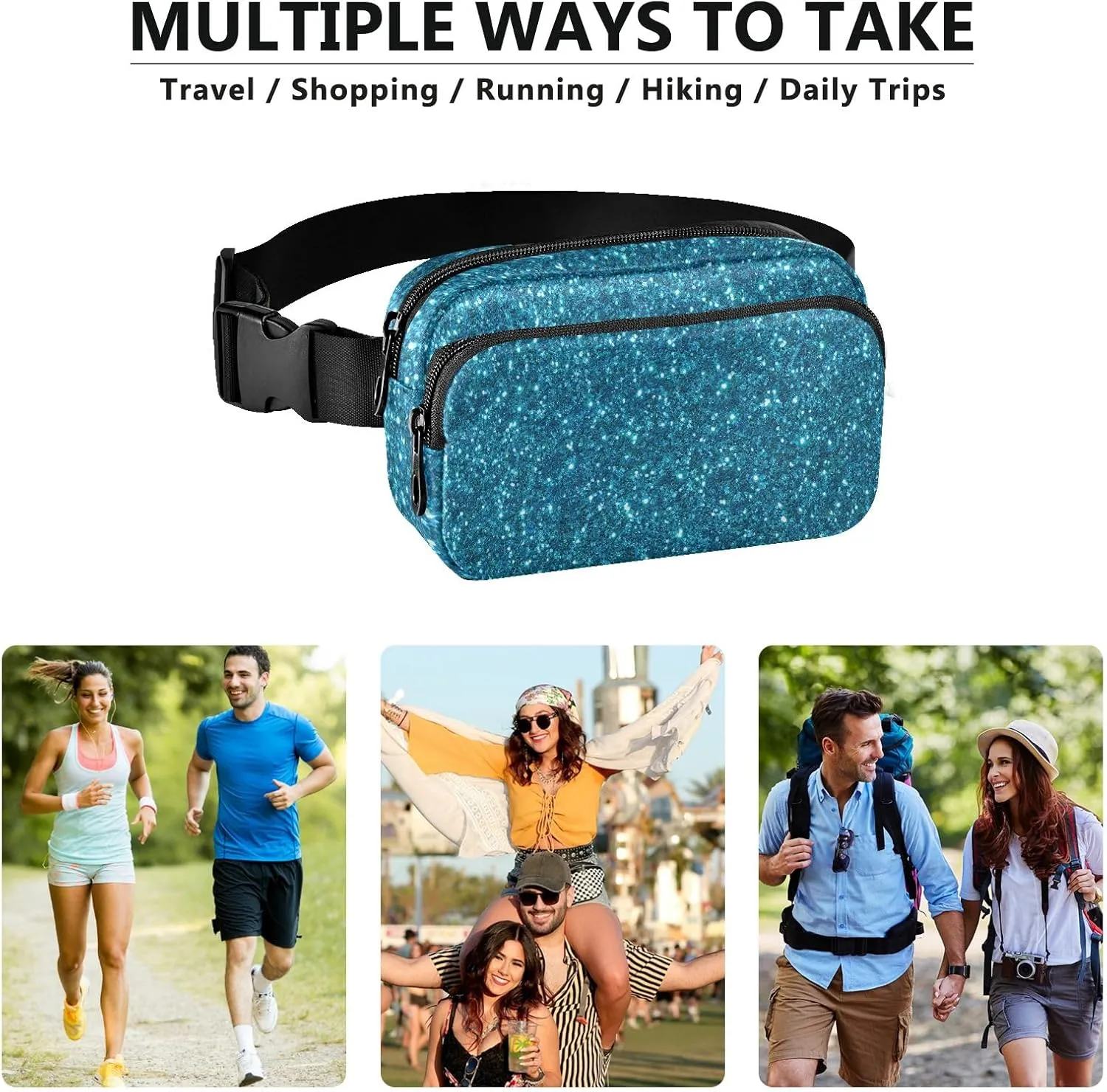 Belt Bags Turquoise Blue Glitter Lightweight Crossbody Bags with Adjustable Strap Belt Bag for Women Crossbody Long Strap