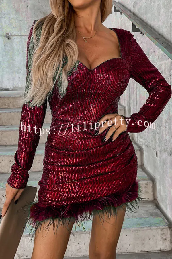 Betty Sequin Feather Long Sleeve Mini Dress