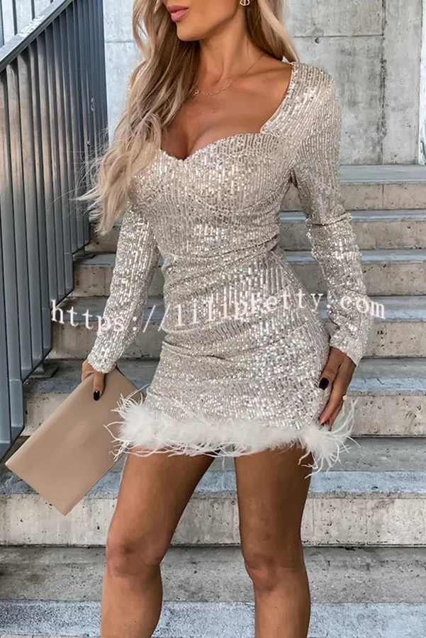 Betty Sequin Feather Long Sleeve Mini Dress