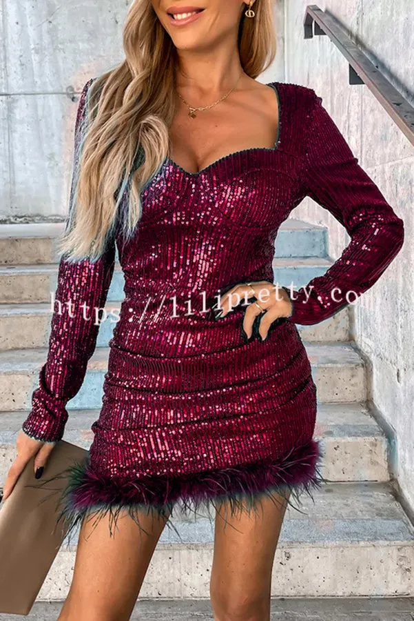 Betty Sequin Feather Long Sleeve Mini Dress
