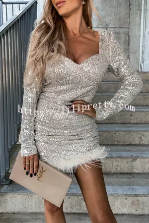 Betty Sequin Feather Long Sleeve Mini Dress