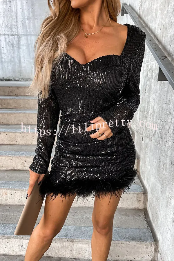 Betty Sequin Feather Long Sleeve Mini Dress